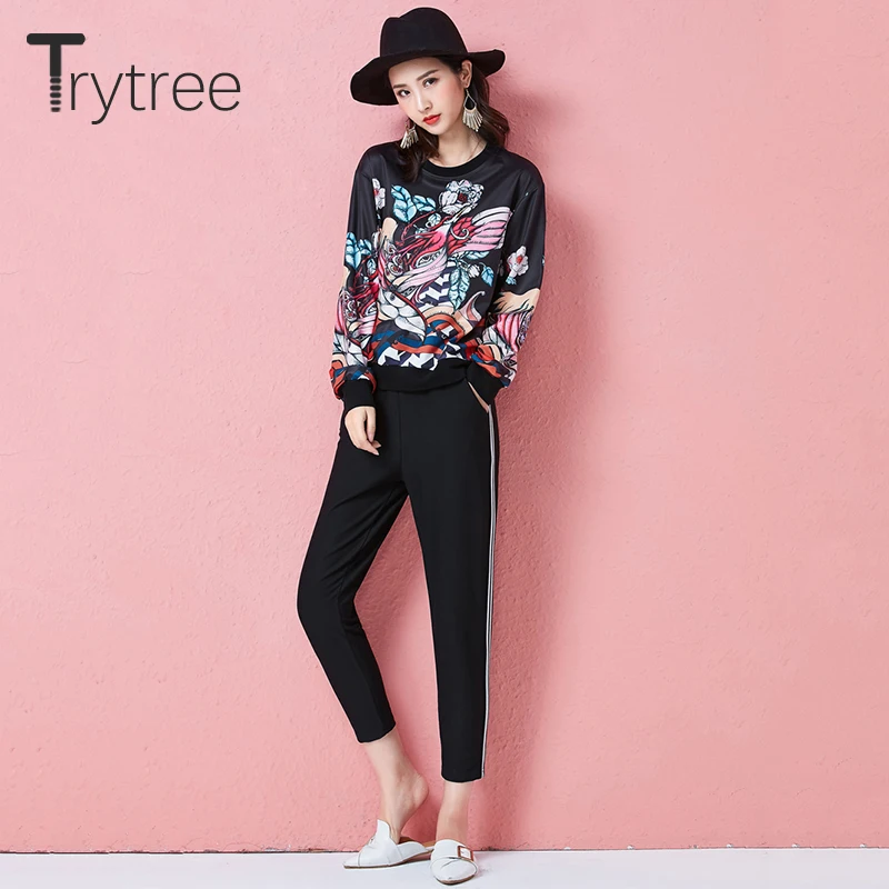 Свитшот Trytree женский с принтом уличная одежда черный пуловер из полиэстера