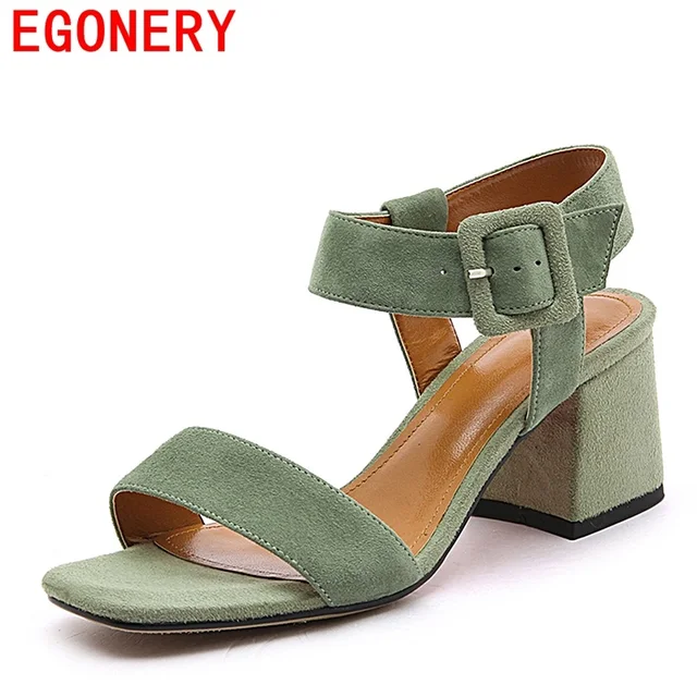 EGONERY woman sandals summer high heels open toe good quality shoes ladies buckle casual sandals woman leather footwear 34-42 CN