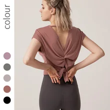 Спорта тренажерного зала, блуза, для йоги, под заказ, тренажерный зал Футболка для тренировок, сексуальным вырезом на спине и спортивная футболка спортивная, с коротким рукавом Футболка Топы для фитнеса