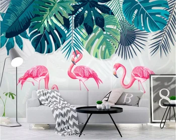 

beibehang brick wallpaper 3d Nordic fresh and simple rainforest banana leaf flamingo garden background wall 3d mural wallpaper