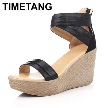 

TIMETANG Fashion Women Sandals Summer Wedges Women's Sandals Platform Genuine Leather Open Toe High-heeled Women Shoes Female