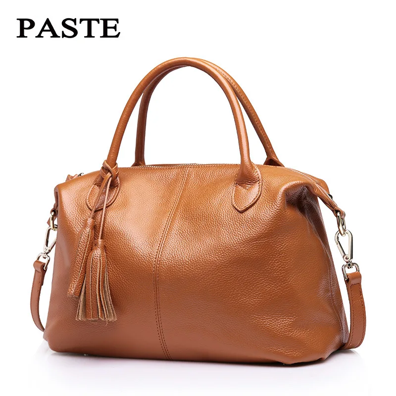 Настоящая мягкая кожаная женская сумка Большая вместительная сумка через плечо кожаная женская сумка в стиле Бостона Высококачественная сумка-торба с кисточками - Цвет: Оранжевый