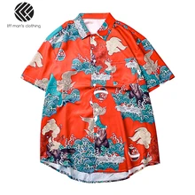 Мужская Летняя Модная брендовая футболка в Корейском стиле с принтом Spindrift, с коротким рукавом, красная рубашка, мужская повседневная японская пляжная тонкая гавайская рубашка