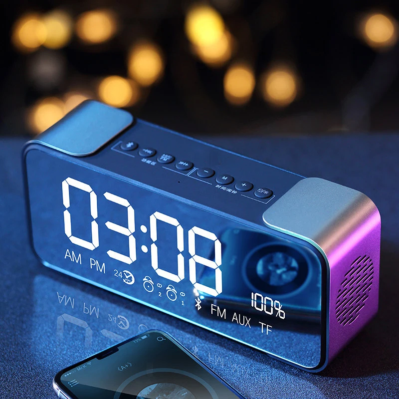 

JJT Cards Mirror Display Alarm Clock FM Radio Bluetooth Audio Function Speakers 4.2 Protocol MP3 Wireless Free Alarm Setting