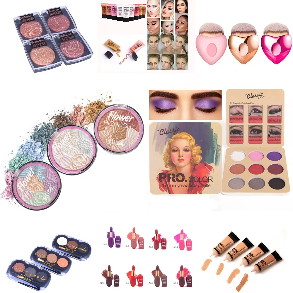 

8PCS Makeup Set Concealer Brows Powder Matte Lipstick Highlight Eye shadow Palette High Gloss Liquid Make up Brush Rose Blush