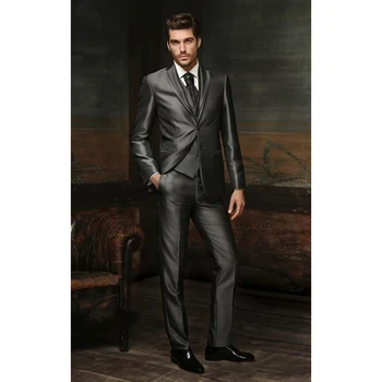

Newest Groom men suit Tuxedos Shiny Dark Grey Groomsmen Notch Lapel Wedding Dinner mens suits with pants (Jacket+Pants+Tie+Vest)