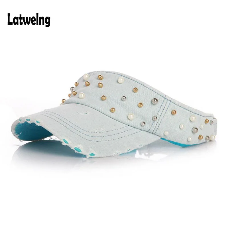 لؤلؤ مصنوع باليد مسمار الدنيم فارغة أعلى قناع قبعات للحماية من الشمس للفتيات النساء قبعة بيسبول Snapback الشاطئ قبعات التجفيف السريع قبعة أجوست...