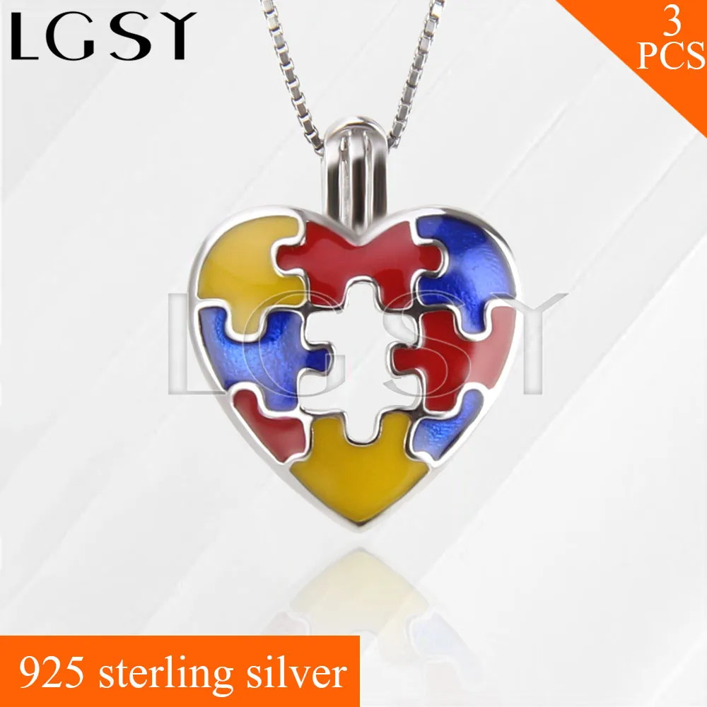 

Infantile autism puzzle design LGSY 925 Sterling Silver heart shape Cage Pendants Necklace Pearls Charms 3pcs
