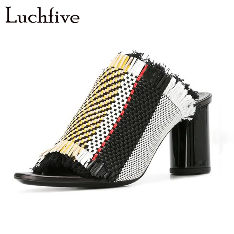 Genuine leather mixed color knitting fringe women slippers flat high