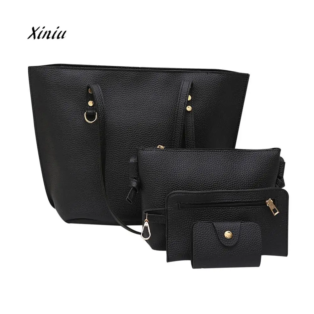 

4Pcs Women's Litchi Pattern Leather Shoulder Bag+Crossbody Bag+Handbag+Wallet High Quality Women Bag Card Wallet Hand Bag
