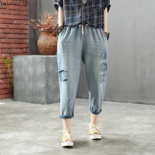 Осенние джинсы в стиле ретро, повседневные брюки, свободные штаны с дырками для женщин, ковбойские брюки длиной до щиколотки, A0B40