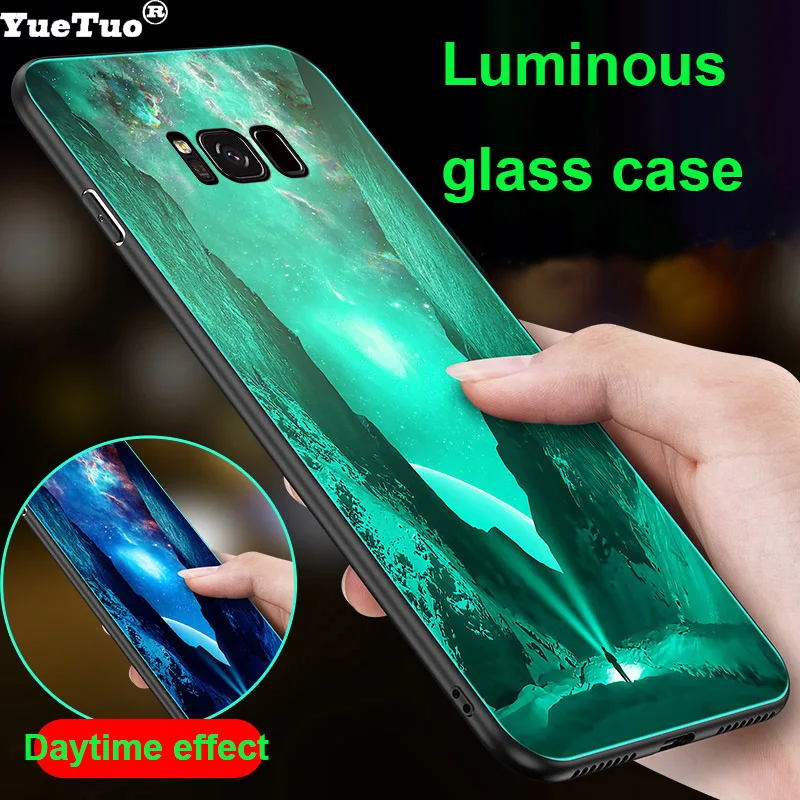 

YueTuo Luminous Tempered glass case for samsung galaxy s8 s9 plus s8plus s9plus s 8 9 luxury original phone hard back cover etui