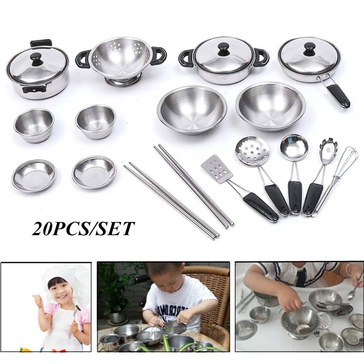 

20PCS Smooth Stainless Steel Kitchen Toy Stainless Steel Mini Play House Kitchen Model Cookware Kids Toy Children Gift