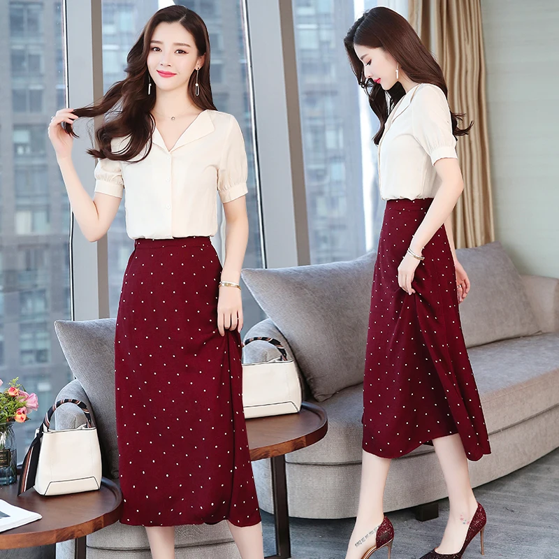 

Summer Women Two-piece Set Shirt Dress Suit Burgundy Polka Dot Print Elegant Office Lady Maxi Vintage Casual Korean Runway Dress