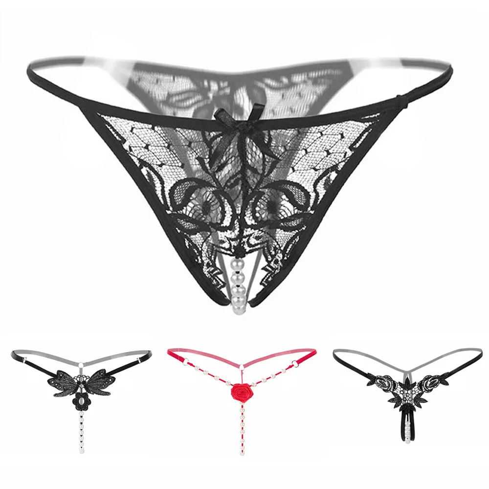 

4Pcs/set Women Sexy Elastic Nightwear Sexy Hollow Lace Floral Rope Underwear Thongs Pearls G-String Panties Intimates Sleepwear