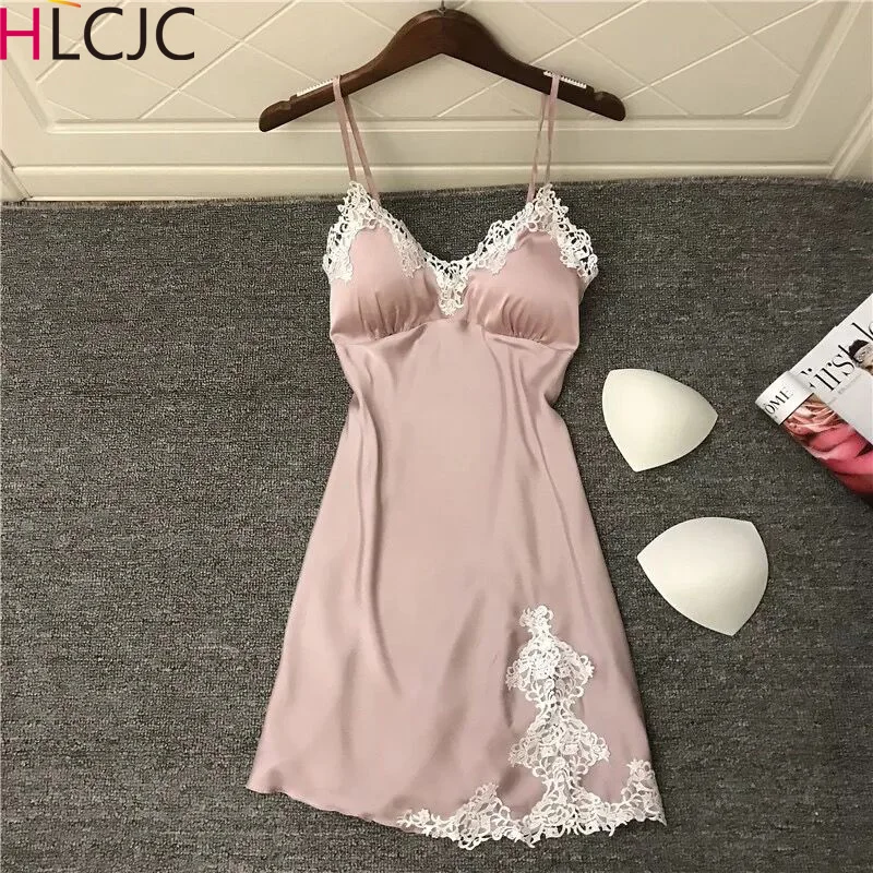 

2019 New Fashionable dress with small breasts and sexy Nightgowns Female Spring Ice Silk with breast cushion and suspender skirt