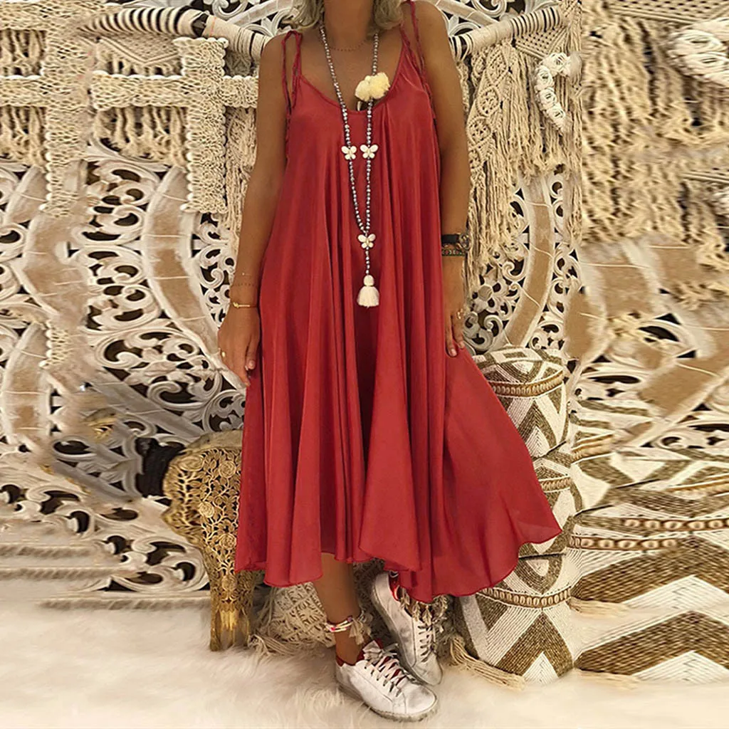 

Dresses Women Boho Solid Sleeveless Ruffled Bandage Loose Sling Maxi Dress Feminine 2019 Vintage Summer Long Dress vestidos
