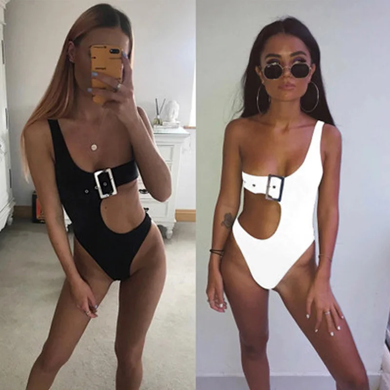 

New Extreme Sexy Bikini Black Swimsuit Female One Shoulder Push Up Swimwear One Piece Bathing Suit Women Monokini Pure Color