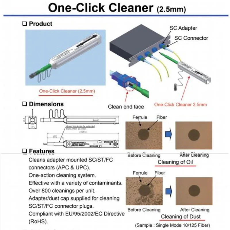 Мм 2 шт. 2,5 мм универсальный разъем Оптическое волокно чистящая ручка, FC/SC/ST один клик очиститель волоконно-оптический разъем чистящая ручка