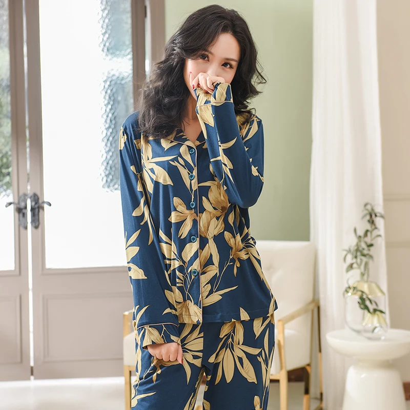 Домашняя одежда полный натуральный хлопок пижамы для девочек осенне зимняя обувь высокого качества брендовый кардиган цветочный синий
