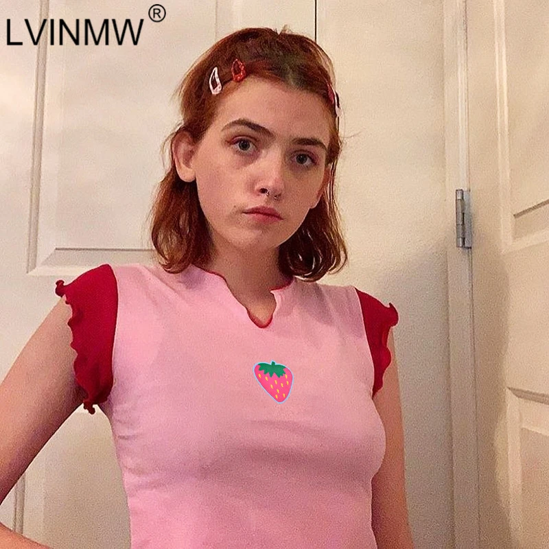 

LVINMW Sexy Cute Strawberry Print Short Sleeve Ruffle Crop Tops 2019 Summer Women Casual Slim T-Shirt Female Streetwear Tee Tops