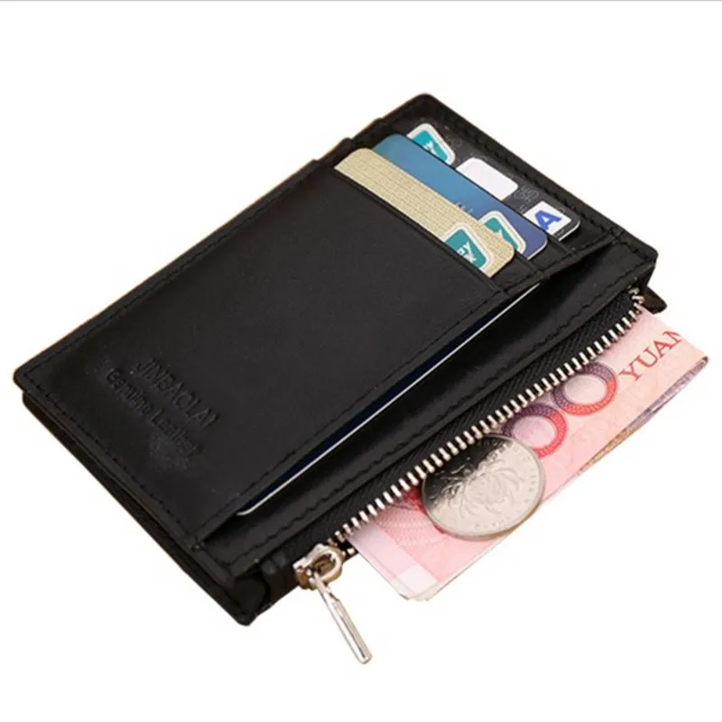 

Genuine Leather Purse Mini men's wallet Card slots Coffee short Clutch wallet Cowhide Zipper bag Leather wallet Black Coin Purse