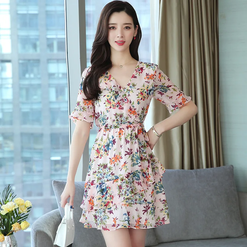

Summer New Style Fashion Women V Collar Floral Short Sleeve Slim Beach Sand Chiffon Dress