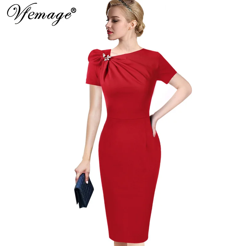 

Vfemage Womens Autumn Elegant Pleated Bow Asymmetric Neck 3/4 Sleeve Slim Work Office Business Cocktail Party Sheath Dress 18333