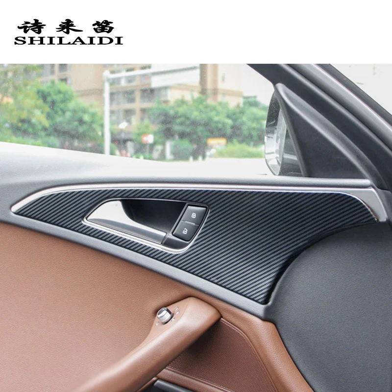 Стайлинга автомобилей углеродного волокна интерьера дверные ручки Обложки Обрезать дверь чаша наклейки украшения Рамка для Audi A6 C7 авто