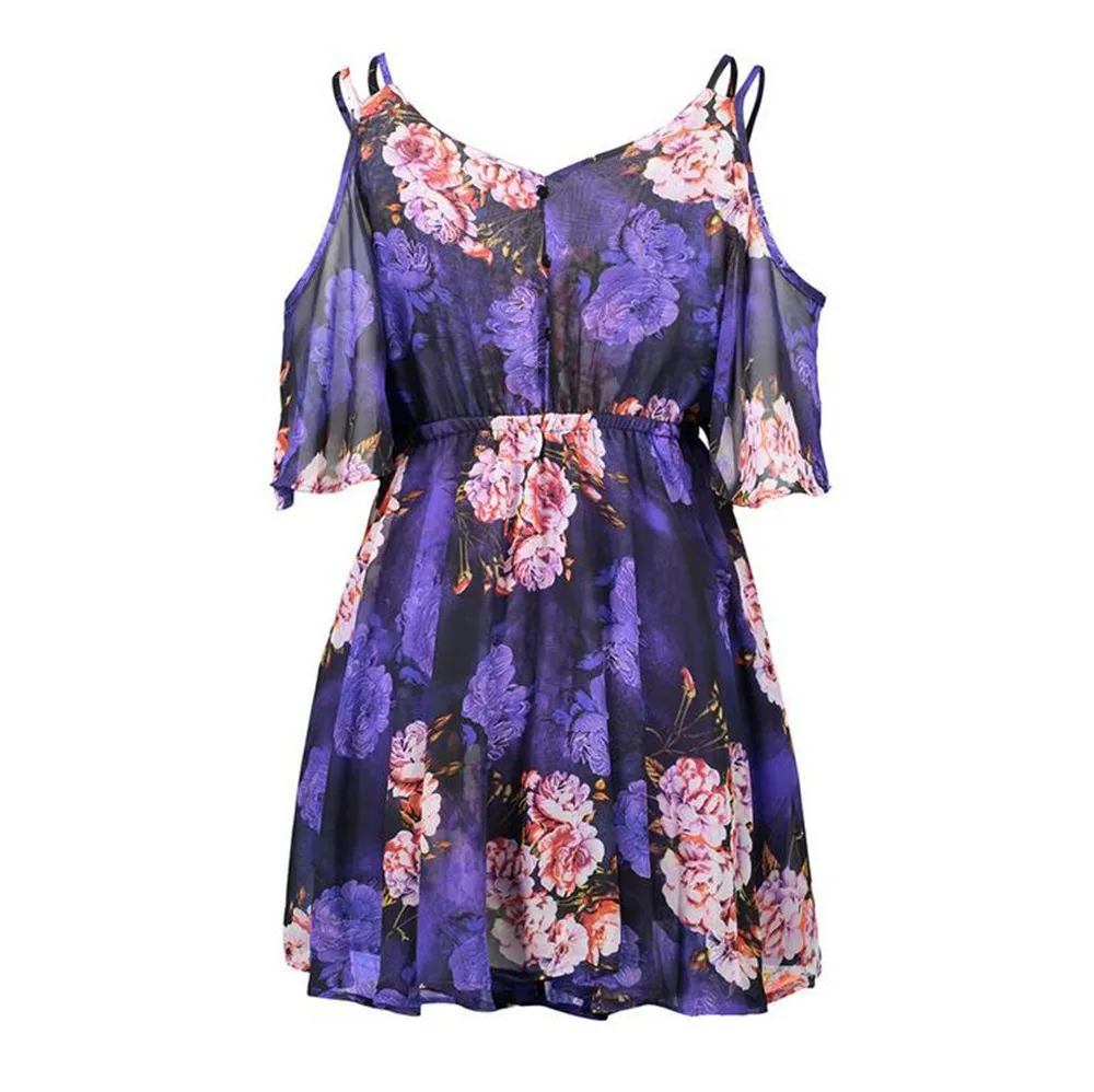 Casual Beach Dress Cold Shoulder ruffle print Summer dresses women High waist strap chiffon beach dress Boho party sexy dresses (13)