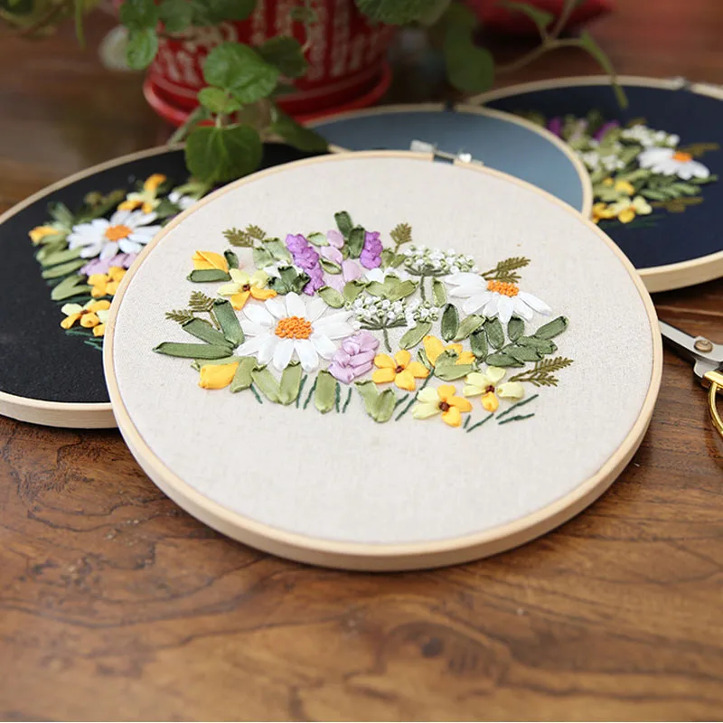 New DIY Ribbon Embroidery Kits With Bamboo Hoop for Beginner Needlework