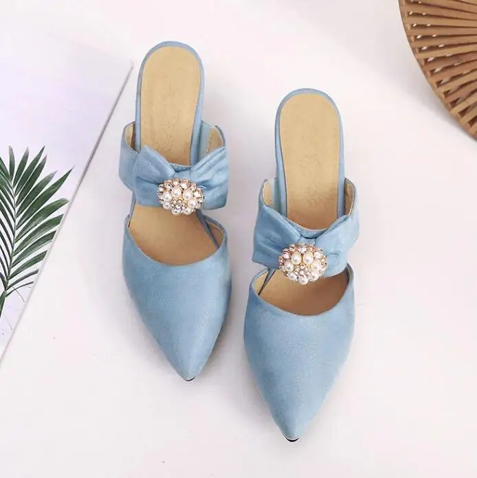 Большие размеры 34-44; тапочки с острым носком; замшевая обувь; женские вьетнамки на квадратном каблуке; женские вечерние шлепанцы; Sandales Mujer - Цвет: Синий