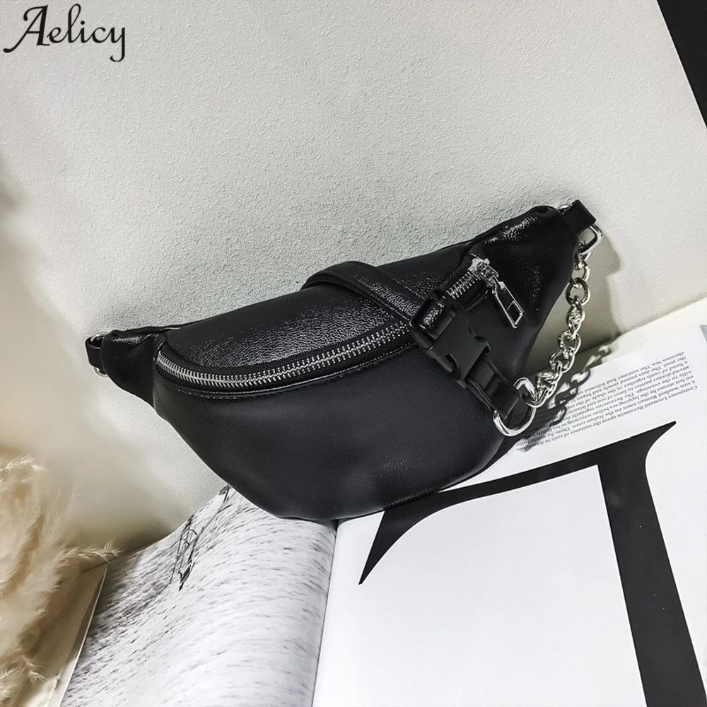 Aelicy Fashion Waist Bag Women Hot Sales Solid Pack Female Chains Bag Black Hobos Shape Pu Leather Waist Packs Chest Phone Pouch