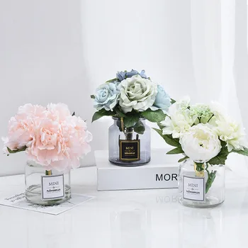 

Glass Vase + Flowers Artificial Silk Flower Basket Set for Home Office Decoration Artificial Flower Decoration for Wedding Party