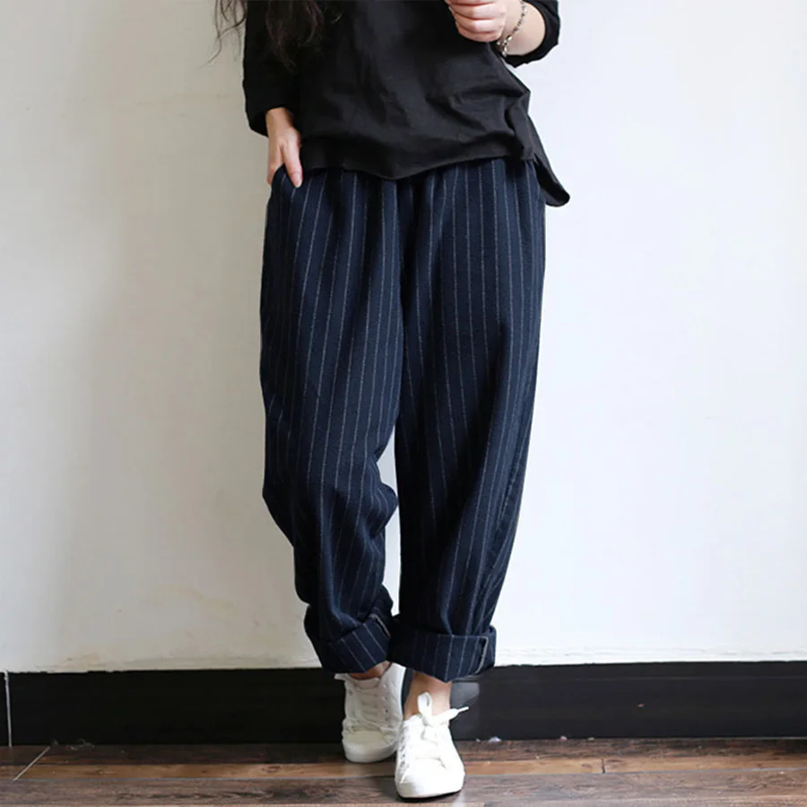 Navy Blue 2XL весенние полосатые штаны женские повседневные мешковатые брюки Репка длинные Панталоны Палаццо дамские штаны-шаровары с эластичной талией размера плюс - Цвет: Navy Blue