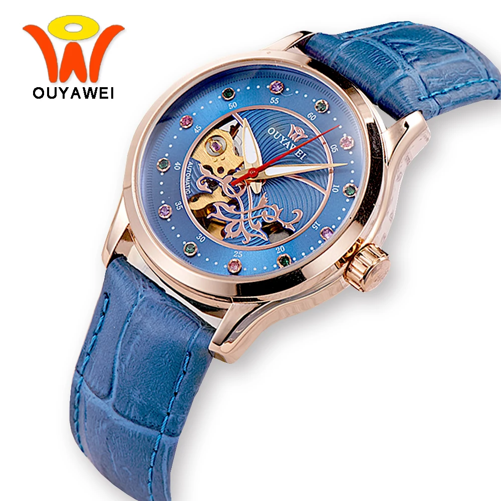 OUYAWEI Brand Skeleton Gold Mechanical Automatic Watch Women Fashion White Black Blue Watches Ladies Clock Relogio Feminino