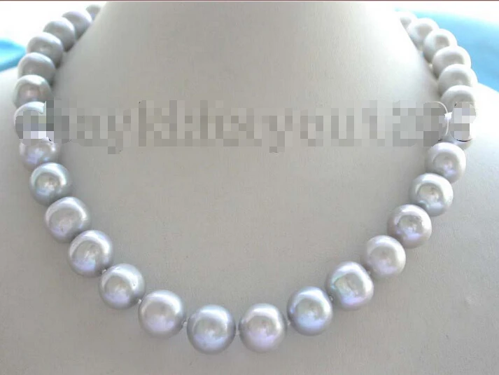

7FT9JM Free shipping >>>>>>17" Natural 13mm Round Gray Pearl Necklace 18KGP!