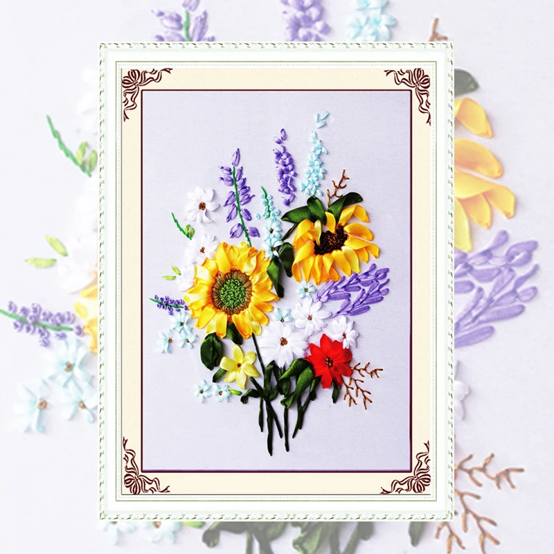 

3D Ribbon Embroidery Sun Flowers Patterns DIY Cross Stitch Kits Sets Handmade Needlework Cross-Stitching Craft Home Decor C-0301