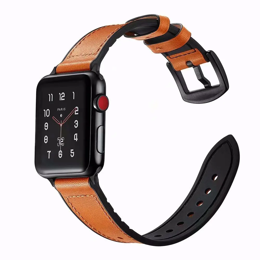 Мягкий силикон+ кожа спортивный ремешок для наручных часов Apple Watch серии 1/2/3/4/5 38 мм 42 мм резиновый ремешок для часов 40 мм 44 наручные часы резиновый ремень