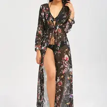 Сексуальное женское шифоновое бикини с цветочным принтом, пляжное платье, кимоно, кардиган, Длинная пляжная блуза