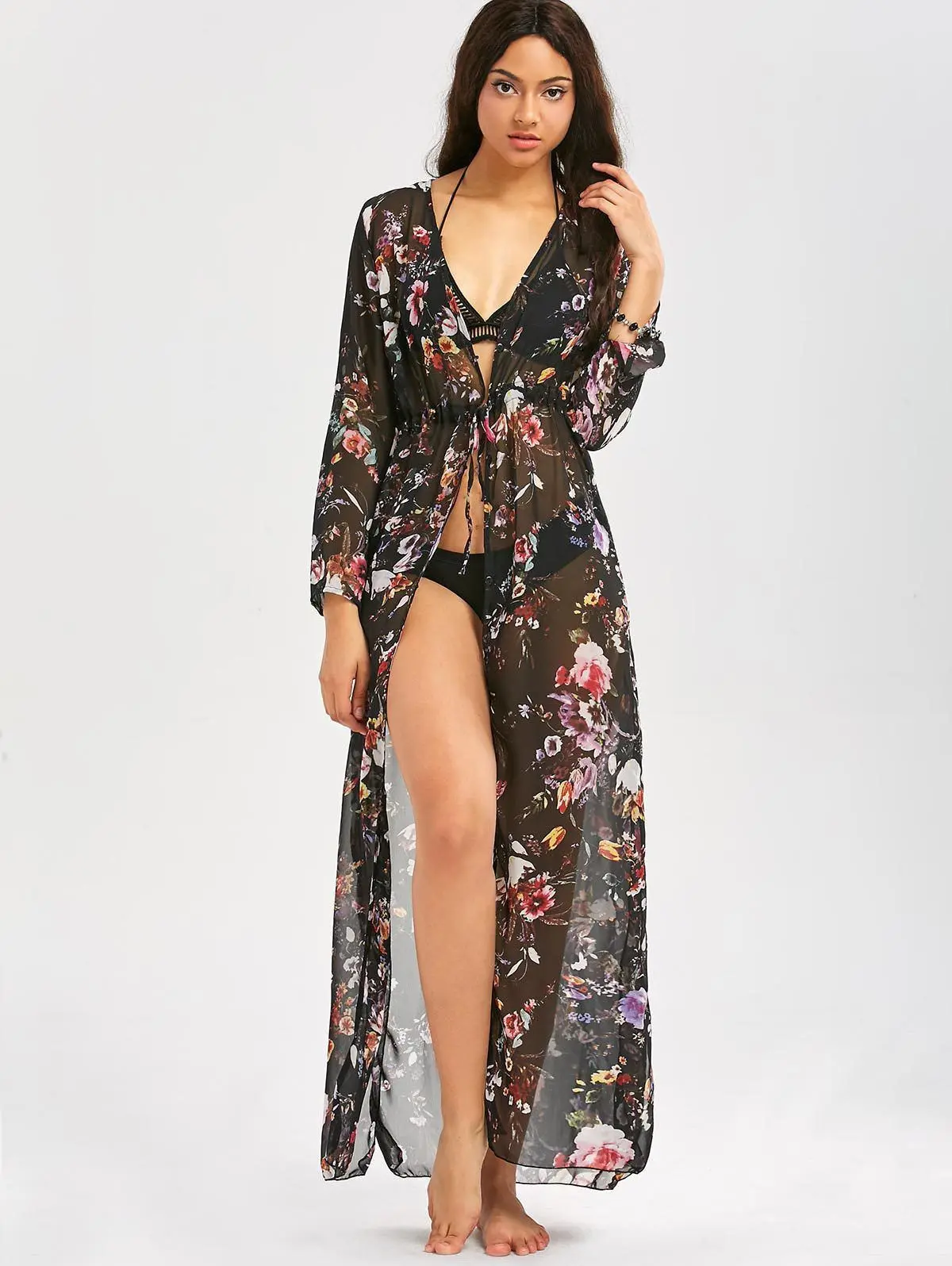 

Sexy Women Chiffon Floral Print Bikini Cover Up Beach Dress Kimono Cardigan Long Beachwear Long Blouse Blusas