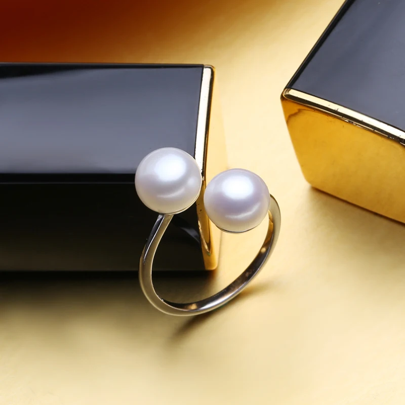 

FENASY Bohemian New Double Pearl Ring Trendy Freshwater Pearl Adjustable Silver Rings For Women Pearl Jewelry For Love