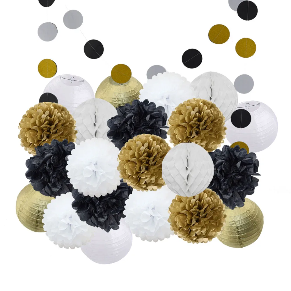 

Hot 22pcs/set Gold/Black/White Hanging Round Paper Lantern For Graduation Event Ceremony Decoration Wedding Decor Paper Crafts