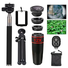 Универсальный зажим 12X телефото объектива телескопа Fisheye lentes макро Широкий формат линзы микроскопа Мобильный штатив для iPhone 7 samsung