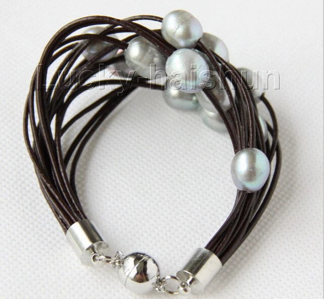 

hot sell8" 13mm 15row gray pearls wine red leather bracelet -Bridal jewelry free shipping