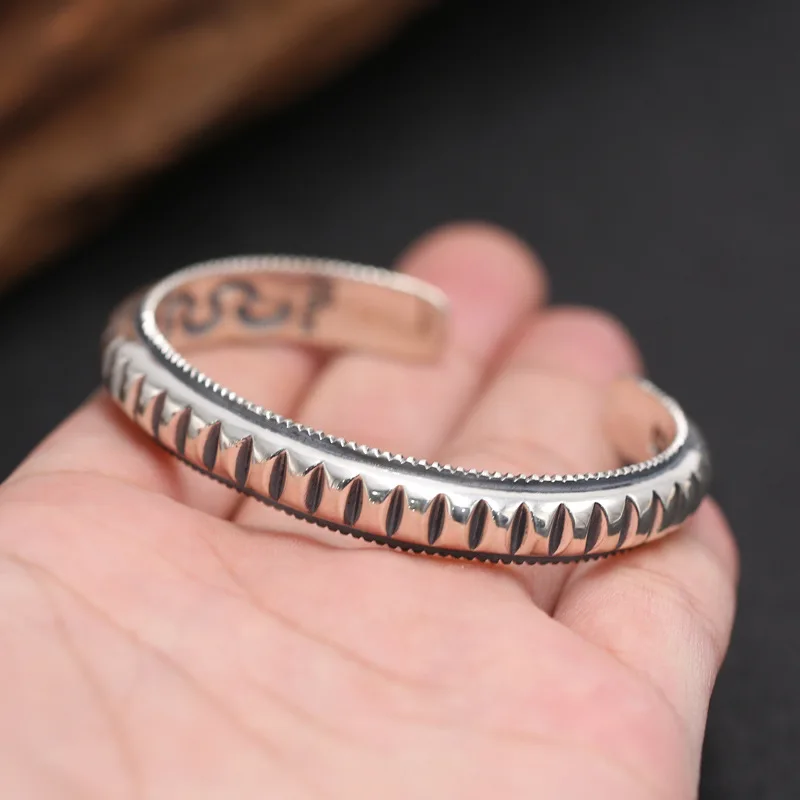 

Starfield Factory S925 Sterling Silver Thai Silver Simple Light Box Lattice Bangle Men Women Open Ended Bangle