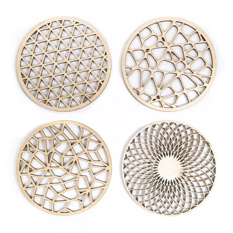 4pcs Laser Cut Wood Round Hollow Coaster Drink Coasters Housewarming