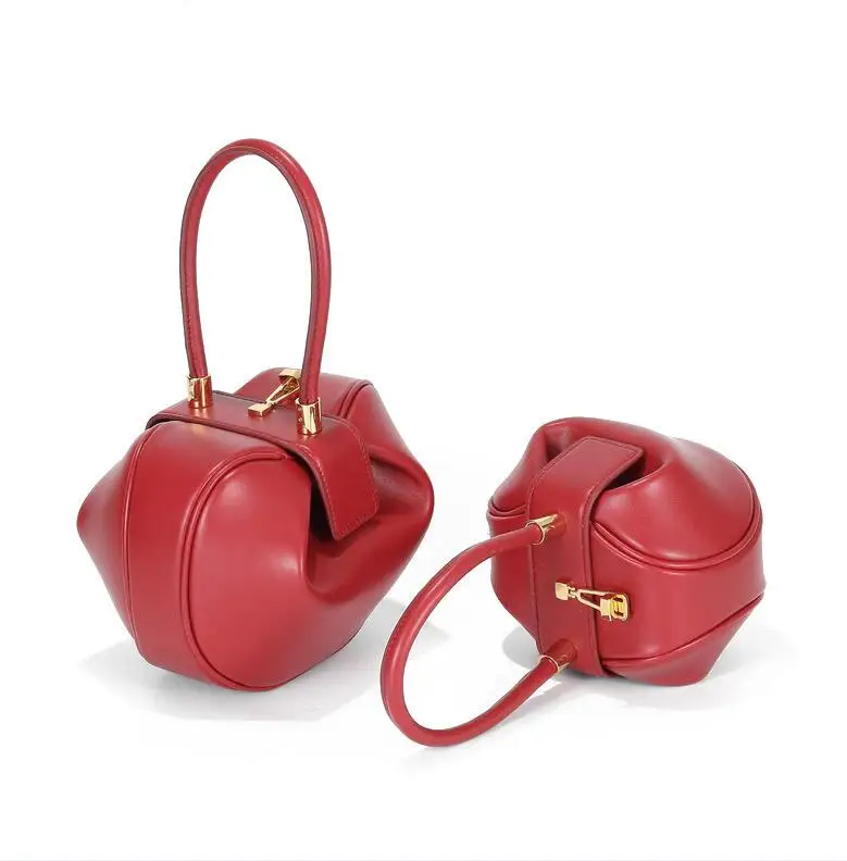 Burminsa Elegant Spherical Cow Genuine Leather Bags Women Small Designer Handbags High Quality Luxury Ladies Tote Bags NEW - Цвет: Red