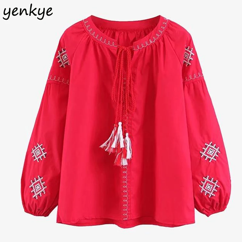 Prix Vintage Femmes Blouses Broderie Géométrique Lanterne Manches Gland Lacets O Cou Casual Chemisier Chemise Tops grande Taille