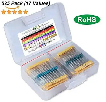

17 Values 1/4W 1% Resistor Kit Assortment, 0 Ohm-1M Ohm (Pack of 525) for class education, engineer electronics experiment